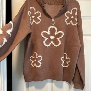 Elegant Brown V-Neck Sweater with Floral Accents